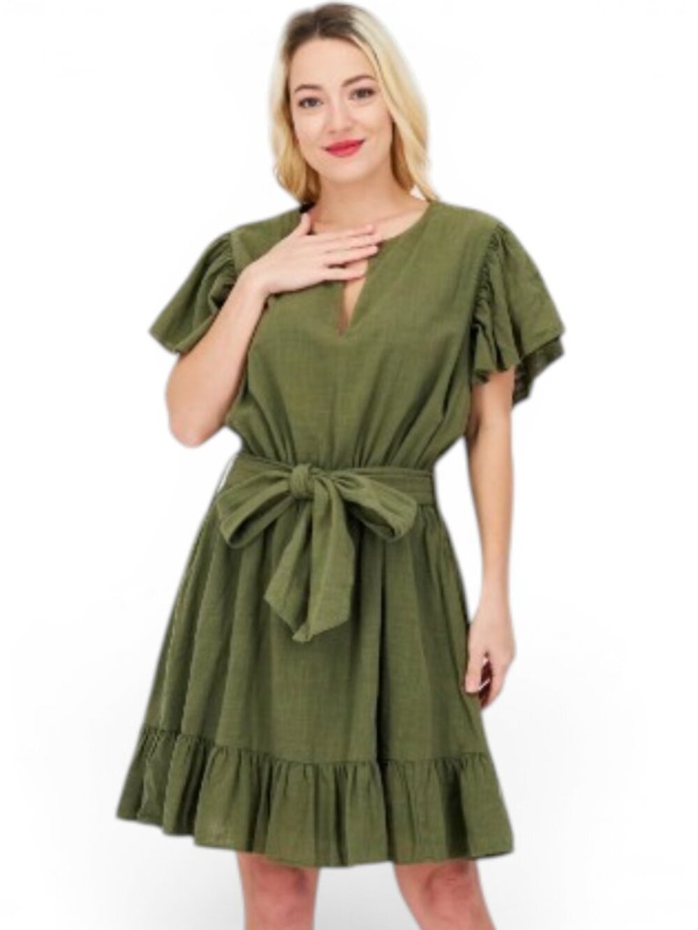 NWT INC Olive Green Cotton Fit Flare Mini Dress Flutter Sleeve Tie Waist XS